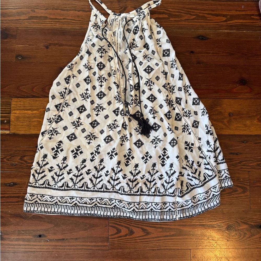Joie White Tank Top with Black Embroidered Pattern